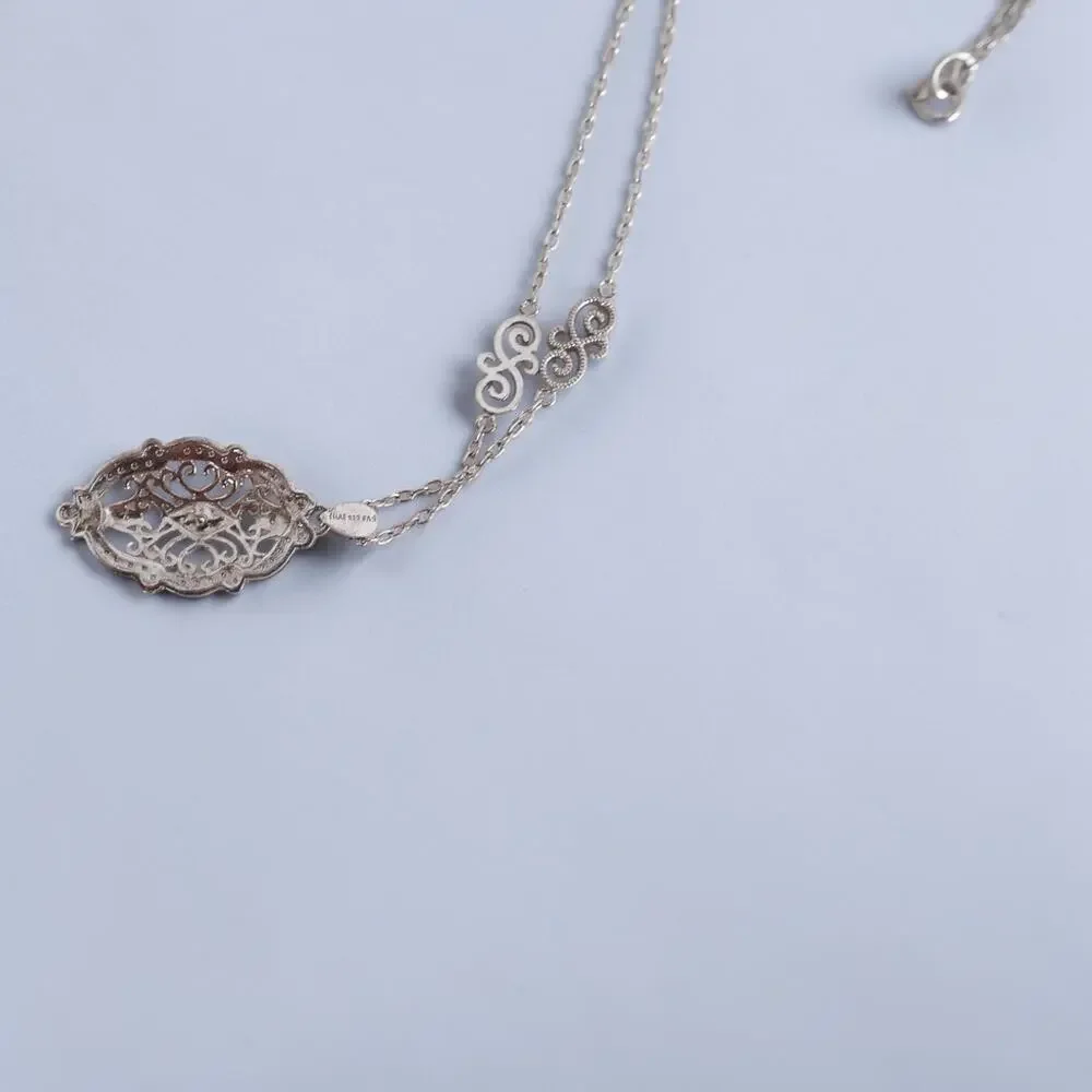 Vintage Sterling Silver Thai Filigree Pendant Necklace SAS Signed 18 Inch 6.8g - Picture 6 of 12